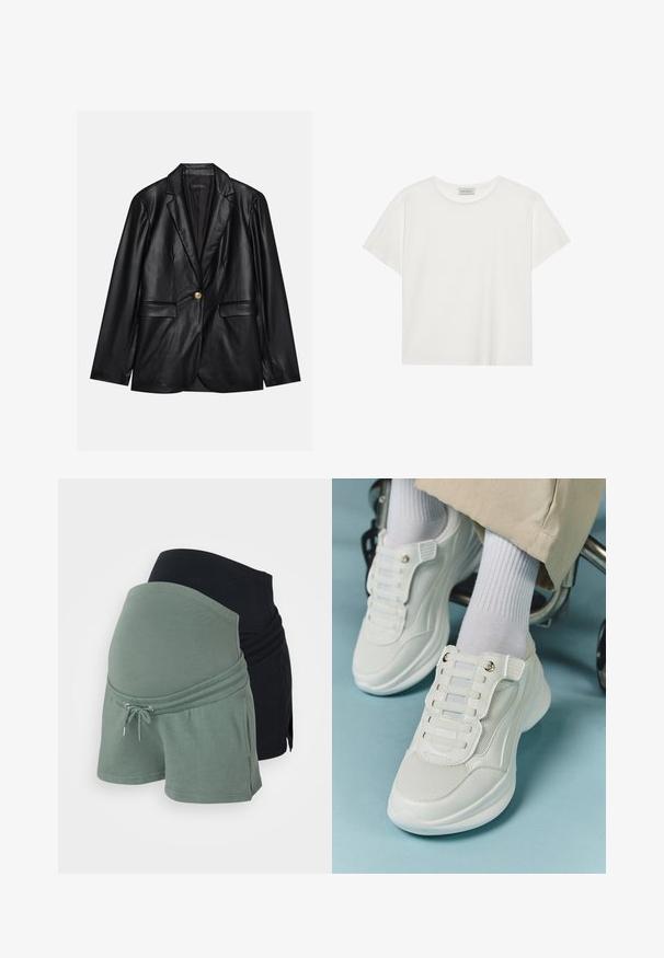 Fekete bőr blézer, kihajtott gallérral, egyetlen arany gombbal záródik, két elülső zsebbel rendelkezik, és sima felülettel bír. Belső bélése sötét színű.; Fehér, rövid ujjú póló, puha pamutból készült. Kerek nyakkivágással és laza szabással rendelkezik. Tiszta dizájn, látható minták vagy díszítések nélkül.; Fekete és zöld színű kismama sort szett. Puha pamut anyag, laza fazon, állítható derékbőséggel, húzózsinórral, réteges dizájnnal.; Fehér sportcipők, amelyek hálós anyagból készültek, gumitalpúak, fűző nélküli kialakítással, rugalmas pántokkal és arany színű kiegészítőkkel rendelkeznek.