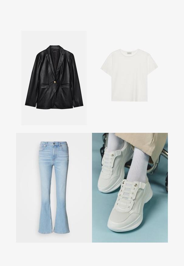 Blazer em couro preto com lapela recortada, fecho de um único botão dourado, dois bolsos frontais e acabamento suave. O forro interior é escuro.; T-shirt branca de manga curta feita de algodão macio. Apresenta um decote redondo e um corte descontraído. Design limpo sem padrões ou detalhes visíveis.; Calças de ganga de flair azul claro com cintura alta, apresentando desbotamento sutil e fecho de zip padrão.; Tênis brancos com material em rede, sola de borracha, design sem atacadores com faixas elásticas e detalhes em tom dourado.