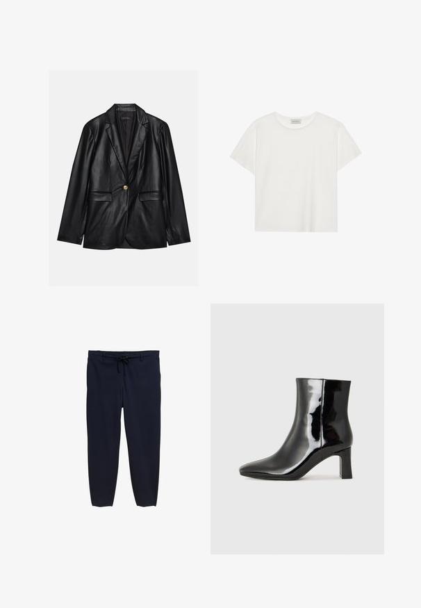 Sacou din piele neagră cu rever ascuțit, închidere cu un singur nasture auriu, două buzunare frontale și finisaj neted. Captuseala interioară este de culoare închisă.; Tricou alb cu mânecă scurtă, made din bumbac moale. Are un guler rotund și o croială lejeră. Design curat, fără modele sau accente vizibile.; Pantaloni bleumarin cu un brâu elastic și șnur de ajustare. Materialul este neted, cu un design tapered al piciorului și fără modele vizibile.; Botine negre din piele lacuită, cu vârful ascuțit și toc bloc de înălțime medie. Textură netedă și design minimalist.
