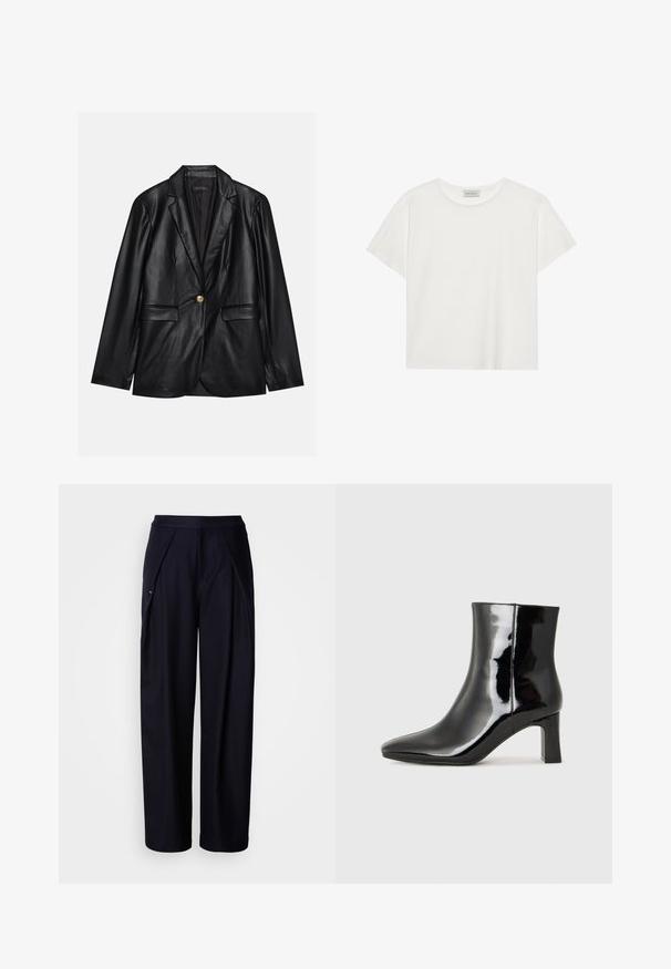 Melnas ādas žakete ar ieliektām atlokām, vienu zelta pogu aizdari, divām priekšējām kabatām un gludu apdari. Iekšējā odere ir tumša.; Balts īsām piedurknēm T-krekls, kas izgatavots no mīksta kokvilnas. Tam ir apaļš izgriezums un brīvs piegriezums. Tīrs dizains bez redzamām rakstiem vai akcentiem.; Jūras spēku platās bikses ar gludu tekstūru, ar plisētu priekšpusi un elastīgu jostasvietu. Ietver diskrētu sānu kabatu un minimālu zīmolu.; Melnas patentētas ādas potīšu zābaki ar norādītu pirkstu un vidēja augstuma kvadrātveida papēdi. Gluda tekstūra un minimālisma dizains.