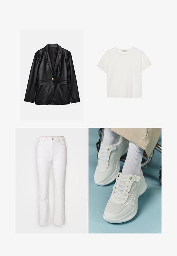 Černý kožený blazer s klopami, jedním zlatým zapínáním, dvěma předními kapsami a hladkým povrchem. Vnitřní podšívka je tmavá.; Bílé tričko s krátkým rukávem vyrobené z měkké bavlny. Má kulatý výstřih a volný střih. Čistý design bez viditelných vzorů nebo akcentů.; Bílé džíny z denimu se střihem do rovna, vysokým pasem a minimem švů. Obsahují kovové zapínání na knoflík a přední kapsy.; Bílé tenisky s materiálem z mešové tkaniny, gumovou podrážkou, bezšňůrovým designem s elastickými pásky a zlatými akcenty.