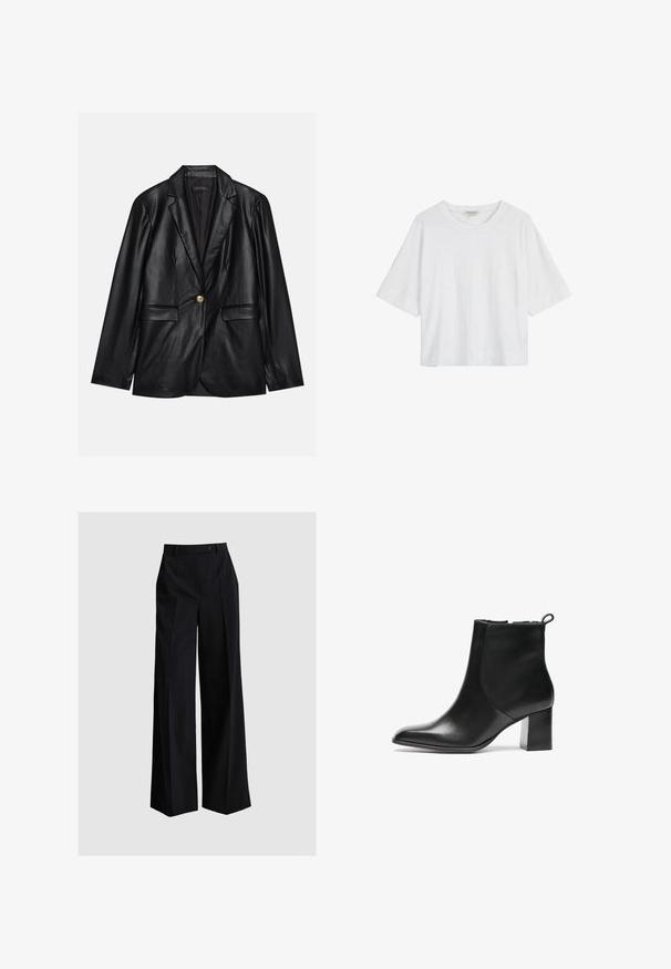 Schwarze Lederblazer mit Reverskragen, einem einzelnen goldenen Knopfverschluss, zwei Vorderaschen und glatter Oberfläche. Futter ist dunkel.; Weißes T-Shirt mit kurzen Ärmeln und rundem Ausschnitt, mit kleiner Vorderbrusttasche, aus leichtem, strukturiertem Stoff.; ANDIATA GISELLA - Stoffhose - black; Schwarze Leder-Ankle-Boots mit runder Spitze, moderatem Blockabsatz und einer Schlaufe an der Rückseite. Glatte Textur, minimales Design.