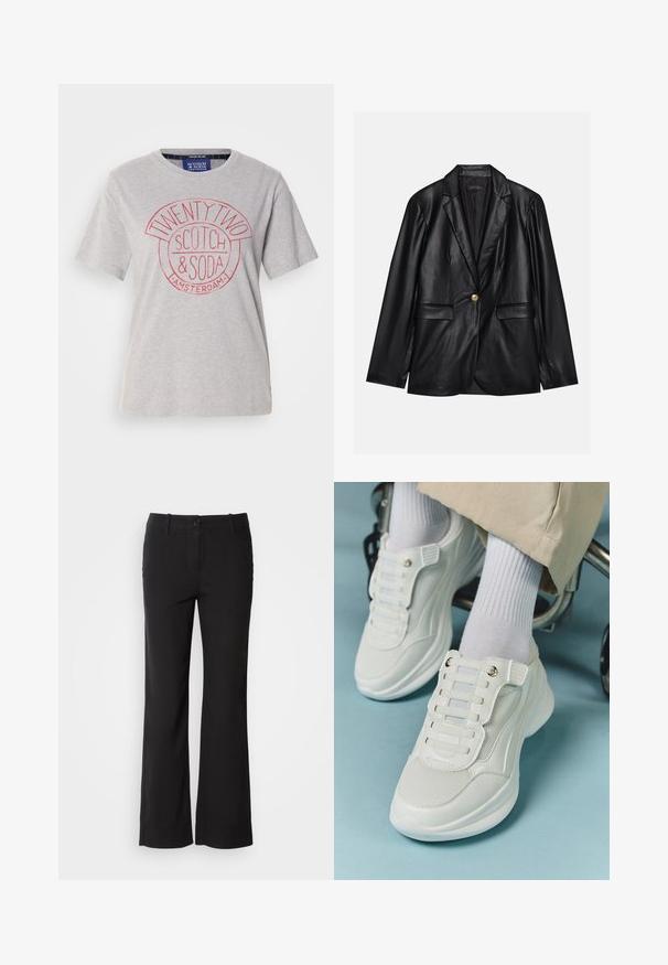Zwarte leren blazer met een opstaande revers, sluiting met één gouden knoop, twee voorzakken en een gladde afwerking. Binnenvoering is donker.; Lichtgrijs katoenen T-shirt met een ronde hals, korte mouwen en een rode grafische print met de tekst "TWENTY TWO SCOTCH & SODA AMSTERDAM."; Zwarte katoenmix broek met een rechte pijpdesign, sluiting met een knop aan de voorkant en twee zijzakken. Soepele textuur, geen zichtbare patronen.; Witte sneakers met een mesh materiaal, rubberen zool, vetersloze uitvoering met elastische banden en gouden accenten.
