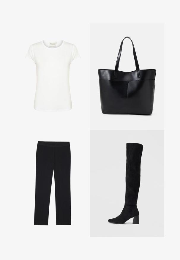 Blazer de cuero negro con solapa muestrada, cierre con un solo botón dorado, dos bolsillos frontales y un acabado suave. El forro interior es oscuro.; Camiseta blanca de manga corta con cuello redondo, fabricada en suave tejido de algodón. Presenta una textura lisa y un diseño minimalista.; Pantalones negros con un diseño de pierna recta, que cuentan con bolsillos laterales y una textura de tela suave. Detalles mínimos y cinturilla limpia.; Bota de ante negra hasta la rodilla con tacón cuadrado, puntera afilada y diseño liso y sin costuras sobre un fondo claro.; Bolso tote de cuero negro con dos asas largas, textura suave y forma estructurada. Cuenta con un bolsillo frontal para almacenamiento adicional.