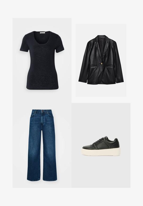 Melnas ādas žakete ar ieliektām atlokām, vienu zelta pogu aizdari, divām priekšējām kabatām un gludu apdari. Iekšējā odere ir tumša.; Melnā īsām piedurknēm T-krekls ar izgriezumu, viegla tekstūra un pieguļošs siluets, ar smalkām auduma variācijām.; Augsti vidukļa, plata kāju džinsi tumši zilā denima ar gludu tekstūru, kontrastējošu šuvju un piecu kabatu dizainu. Priekšpuses pogu aizdare.; Melnas ādas sporta apavi ar gludu tekstūru, bieza krēmkrāsas zole, apaļa purngala forma un klasiskā auklu slēdzēja dizains. Smalkas šuvju detaļas.