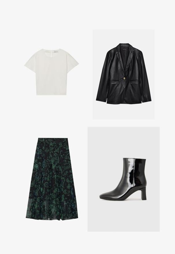 Mustapitsin takki, jossa on viiksikäänteet, yksittäinen kultaknoppi, kaksi etutaskua ja sileä pinta. Sisävuori on tumman värinen.; Lyhythihainen, kerma värinen toppi, jossa on vene kaula-aukko, takana vetoketju ja hieman löysä istuvuus. Kangas on sileä ja matta.; Mustat hameet, joissa on vihreä kukkakuosi, rypistettyjen reunusten ja laskosten kanssa. Valmistettu kevyestä kankaasta, tarjoaa virtaavan siluetin.; Musta patenttilakattu nilkkuri, jossa on terävä kärki ja keskipitkä lohkarekorko. Silkkinen pinta ja minimalistinen muotoilu.