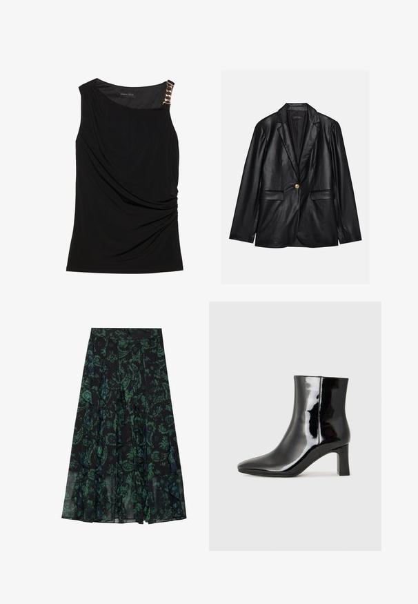 Sacou din piele neagră cu rever ascuțit, închidere cu un singur nasture auriu, două buzunare frontale și finisaj neted. Captuseala interioară este de culoare închisă.; Top negru fără mâneci, cu material strâns, având un decolteu neted și un accent decorativ din lanț de aur pe umărul stâng.; Fustă neagră cu model floral verde, având margini volanate și pliseuri. Fabricată dintr-un material ușor, oferind o siluetă fluidă.; Botine negre din piele lacuită, cu vârful ascuțit și toc bloc de înălțime medie. Textură netedă și design minimalist.
