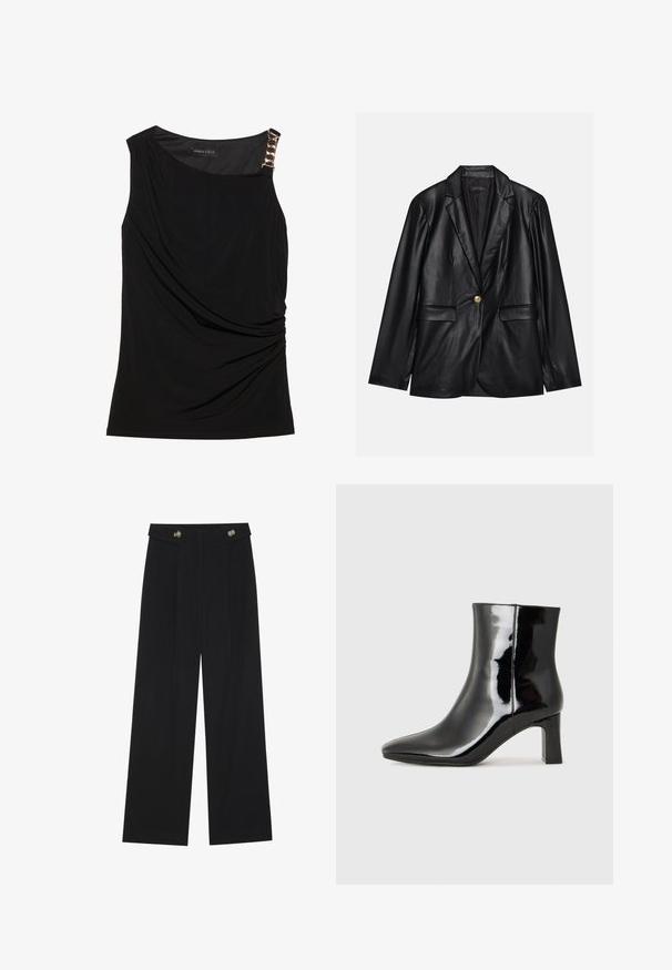 Svart läderblazer med kavajkrage, enkel guldkknapp, två framfickor och slät yta. Inre foder är mörkt.; Svart ärmlös topp med samlad tyg, med en slät halsringning och en dekorativ guldkedja som accent på vänster axel.; Svarta vida byxor med hög midja, knäppdetaljer i midjan och framfickor.; Svart lackläder ankelboot med spetsig tå och en medelhög klack. Slät textur och minimalistisk design.