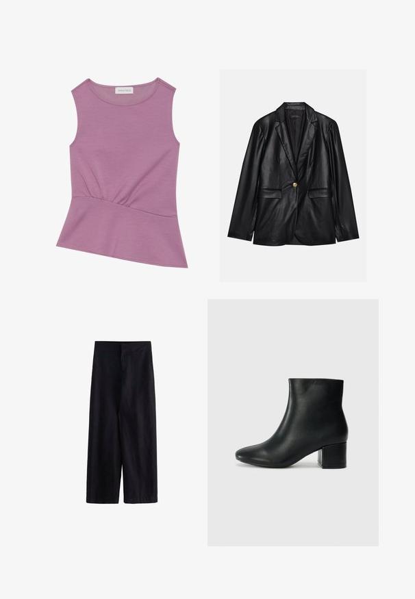 Black leather blazer with a notched lapel, single gold button closure, two front pockets, and smooth finish. Inner lining is dark.; Sleeveless lilac top with round neckline and gathered detail at the waist, flaring slightly at the hem.; Black wide-leg trousers made from lightweight fabric. Features a flat waistband with a front zip and pockets, suitable for casual or formal wear.; Black leather ankle boots with a pointed toe and a chunky heel. Smooth texture with minimal accents and a sleek, fitted design.