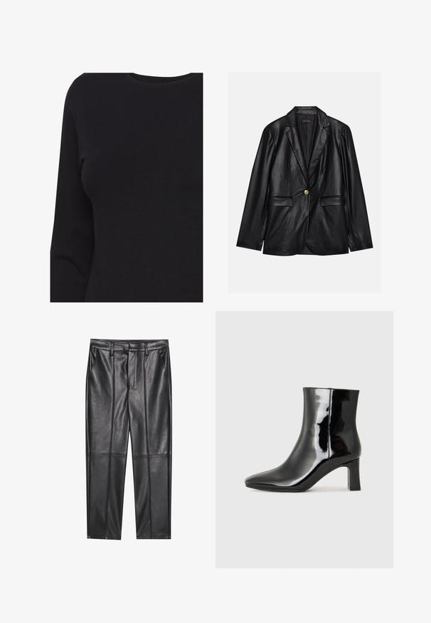Svart läderblazer med kavajkrage, enkel guldkknapp, två framfickor och slät yta. Inre foder är mörkt.; Svart långärmad tröja med rund hals som visas på en överkropp utan synliga logotyper eller mönster.; Svarta läderbyxor med en slät textur, med rak passform, två framfickor och synliga sömdetaljer.; Svart lackläder ankelboot med spetsig tå och en medelhög klack. Slät textur och minimalistisk design.