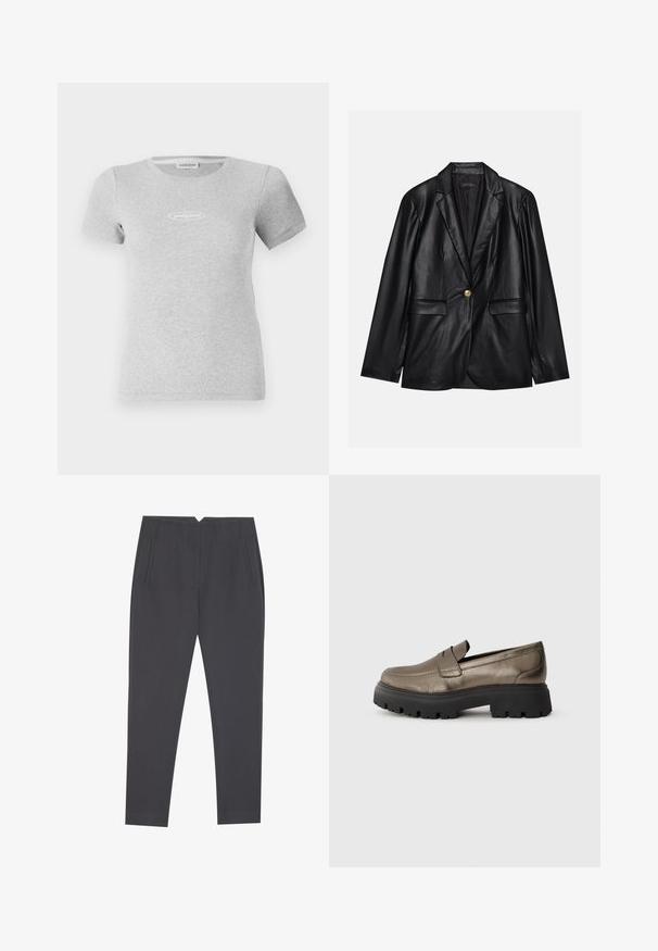 Fekete bőr blézer, kihajtott gallérral, egyetlen arany gombbal záródik, két elülső zsebbel rendelkezik, és sima felülettel bír. Belső bélése sötét színű.; Szürke, rövid ujjú póló bordázott anyagból, testhezálló fazonnal és egy kis fehér logóval a mellrészen.; Sötétszürke, oldalzsebbel és elülső redőkkel ellátott, tapered fazonú nadrág, testhezálló szabással.; Fémes olívazöld bőr loaferek kerek orral, fekete vastag gumitalppal és minimális varrási részletekkel a felső részen.