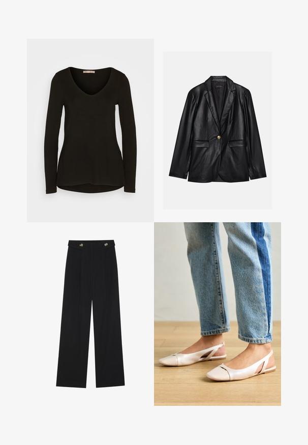 Blazer em couro preto com lapela recortada, fecho de um único botão dourado, dois bolsos frontais e acabamento suave. O forro interior é escuro.; Camisola preta de manga longa e decote em V, feita de um tecido liso e elástico; apresenta um hem arredondado e um silhueta ajustada.; Calças largas pretas com cintura alta, detalhes em botão na cintura e pregas frontais.; Sapatilhas slingback de cor rosa pálido com bico fino, feitas de um material semelhante a couro liso. Apresentam detalhes recortados nas laterais e um salto plano.