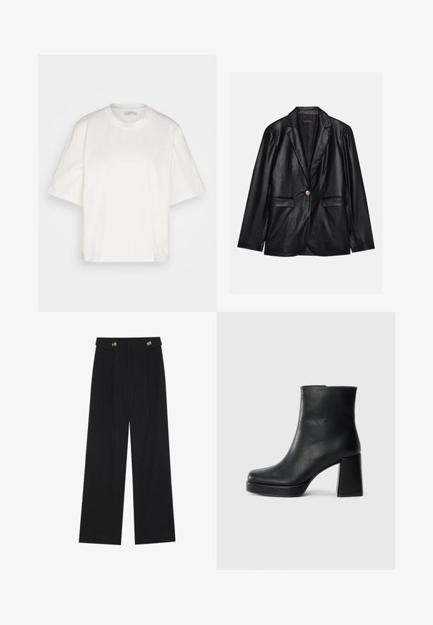 Svart skinnblazer med klaffkrage, en enkelt gullknapp-lukking, to frontlommer og glatt finish. Innertrekket er mørkt.; Lindex LOLA - T-shirts - white; Svart vide bukser med høy midje, knappdetaljer på midjebåndet og frontplisser.; Sorte skinnankelsko med blokkhæl og plattformsåle, sett fra siden på en enkel hvit bakgrunn.