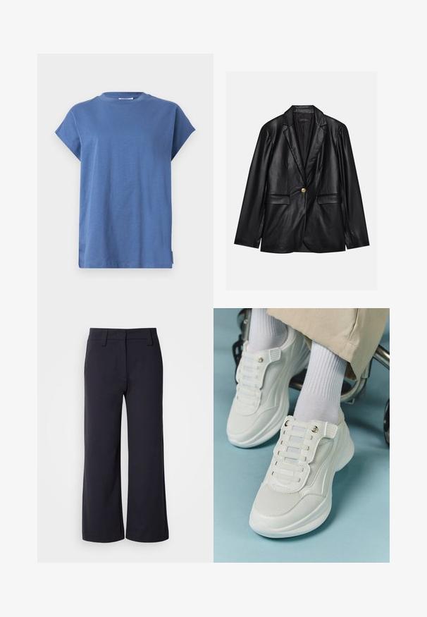 Black leather blazer with a notched lapel, single gold button closure, two front pockets, and smooth finish. Inner lining is dark.; Blue T-shirt made of soft fabric, featuring a crew neckline and short rolled sleeves. The design is simple with a straight cut and side slit.; Wide-leg trousers in dark navy fabric. Features a flat front, belt loops, and side pockets. The material is smooth with a slight stretch.; White sneakers featuring a mesh material, rubber sole, lace-free design with elastic bands, and gold-toned accents.