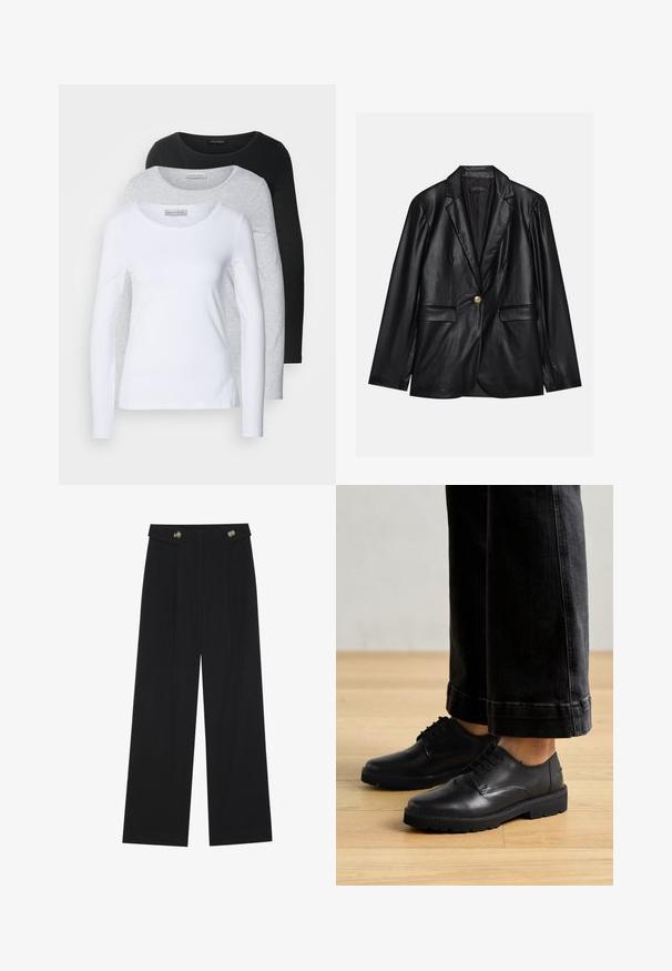 Svart skinnblazer med klaffkrage, en enkelt gullknapp-lukking, to frontlommer og glatt finish. Innertrekket er mørkt.; Tre langermede t-skjorter i hvit, grå og svart; rund hals; glatt stoff; merker synlige på den grå skjorten for merkeidentifikasjon.; Svart vide bukser med høy midje, knappdetaljer på midjebåndet og frontplisser.; Svarte lær snørebåndssko med en glatt tekstur, rund tå og tykk gummisåle, parret med korte mørke jeans.