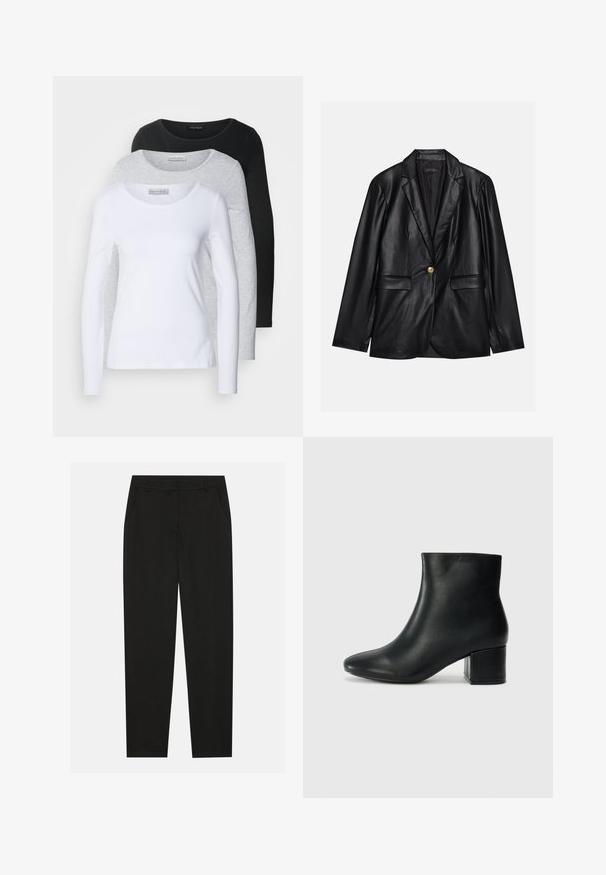 Sacou din piele neagră cu rever ascuțit, închidere cu un singur nasture auriu, două buzunare frontale și finisaj neted. Captuseala interioară este de culoare închisă.; Trebuie să luăm în considerare trei tricouri cu mânecă lungă, în culorile alb, gri și negru; cu guri rotunde; dintr-un material neted; etichetele sunt vizibile pe tricoul gri pentru identificarea mărcii.; Pantaloni negri cu un design croit, dotati cu buzunare laterale si un croi drept. Fabricati dintr-un material neted, usor, cu un finisaj elegant.; Cizme negre din piele până la gleznă, cu vârf ascuțit și toc robust. Textură netedă, cu accente minime și un design elegant, ajustat.