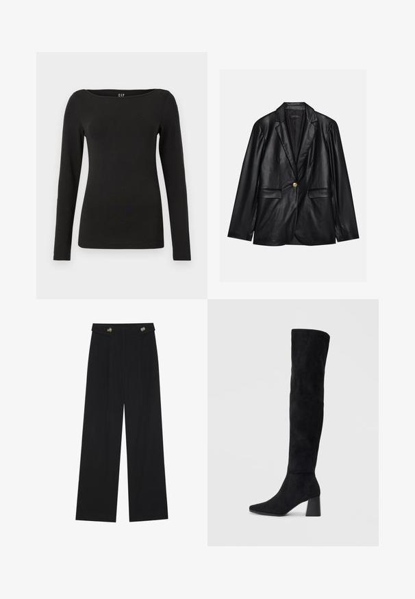 Sort læderblazer med klapkrave, enkelt guldknaplukning, to forlommer og glat finish. Inderlinningen er mørk.; Sort langærmet top lavet af blød bomuld. Har en rund halsudskæring og en tætsiddende design, med rene sømme og ingen synlige udsmykninger.; Sorte vide bukser med høj talje, knapdetaljer på taljebåndet og frontfald.; Sorte ruskind støvler i knæhøjde med blokheel, spids tå og glat, sømløs design på en enkel lys baggrund.