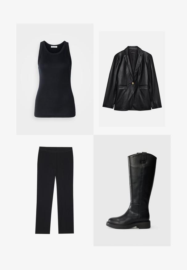 Black leather blazer with a notched lapel, single gold button closure, two front pockets, and smooth finish. Inner lining is dark.; Black tank top made from soft, stretchy fabric. Features a round neckline and wide shoulder straps, with a fitted silhouette and smooth texture.; Black trousers with a straight leg design, featuring side pockets and a smooth fabric texture. Minimal detailing, clean waistband.; Black leather knee-high boot with a rounded toe, chunky sole, minimal stitching, and a logo accent at the back. Smooth texture.