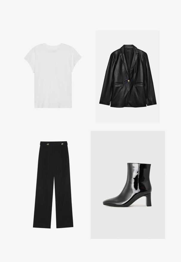 Blazer em couro preto com lapela recortada, fecho de um único botão dourado, dois bolsos frontais e acabamento suave. O forro interior é escuro.; T-shirt branco de manga curta com decote redondo, corte relaxado, feito de tecido de algodão macio. Textura suave, sem padrões ou logos.; Calças largas pretas com cintura alta, detalhes em botão na cintura e pregas frontais.; Botim de tornozelo em pele sintética preta com bico apontado e salto bloco de altura média. Textura suave e design minimalista.