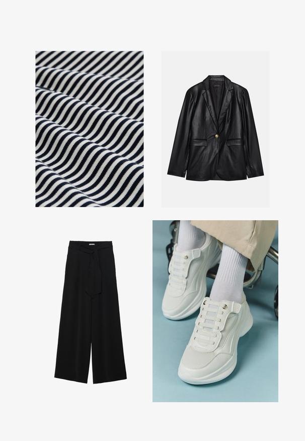 Melnas ādas žakete ar ieliektām atlokām, vienu zelta pogu aizdari, divām priekšējām kabatām un gludu apdari. Iekšējā odere ir tumša.; Kokvilnas audums ar viļņainām tumši zilām un baltām svītrām. Tekstūra ir gluda ar vieglu stiepšanos, radot dinamisku vizuālo rakstu.; Melni platleņķa bikses ar teksturētu audumu, elastīgu jostu un noņemamu siksnu viduklī, kas nodrošina regulējamu piegulšanu.; Baltie sporta apavi ar sietu materiālu, gumijas zoli, bez šņoru dizainu ar elastīgām beigām un zeltainiem akcentiem.