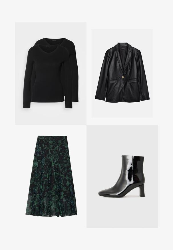 Juodas odinis švarkas su notch lapel, vienu auksiniu mygtuku užsegimu, dviem priekinėmis kišenėmis ir lygiu paviršiumi. Vidinėje pamušalo dalyje yra tamsi spalva.; Du į juodas ilgomis rankovėmis marškiniai su V formos iškirpte, pagaminti iš minkštos, tamprios medžiagos, rodantys lygią tekstūrą ir prigludusią formą.; Juodas sijonas su žaliu gėlių raštu, su volanų kraštais ir klostėmis. Pagamintas iš lengvos medžiagos, suteikiančios sklandžią siluetą.; Juodos lakuotos odinės aulinukės su smailiu pirštu ir vidutinio aukščio blokuotu kulnu. Lygus paviršius ir minimalistinis dizainas.