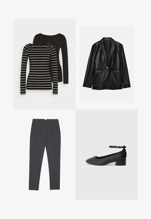 Čierny kožený blejzer s vykrojeným reverzom, jedným zlatým gombíkom, dvomi prednými vreckami a hladkým povrchom. Vnútorné podšívka je tmavá.; Čierny dlhý rukáv na zadnej strane; predná časť má čierno-biele pruhované dlhé rukávy s okrúhlym výstrihom. Jemná textúra látky.; Tmavošedé zúžené nohavice so bočnými vreckami a prednými záhybmi, navrhnuté pre presný strih.; Čierne kožené lodičky s špicatou špičkou a nízkym blokovým podpätkom. Obsahuje remienok okolo členka so zlatým prackou. Hladký povrch.