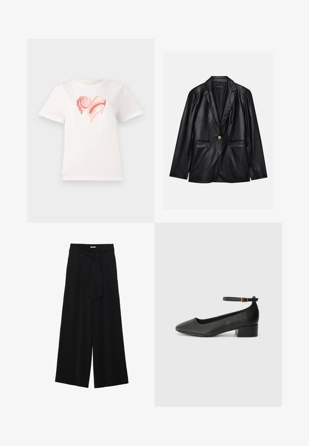 Blazer em couro preto com lapela recortada, fecho de um único botão dourado, dois bolsos frontais e acabamento suave. O forro interior é escuro.; T-shirt branca de algodão com um gráfico de coração em tons de rosa e coral, com padrões abstratos em espiral no centro. Mangas curtas, decote redondo.; Calças largas pretas com um tecido texturizado, uma cintura elástica e um laço destacável na cintura para um ajuste ajustável.; Sandal de pele preta com bico pontiagudo e um salto bloco baixo. Apresenta uma tira no tornozelo com uma fivela em tom dourado. Textura suave.