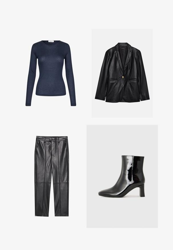 Črni usnjeni blejzer z izrezanim ovratnikom, enojnim zlatim gumbom, dvema sprednjima žepoma in gladko površino. Notranja podloga je temna.; Mornarska majica s dolgimi rokavi iz lahkega blaga. Ima okroglo vratno režo in prilegajoč kroj z minimalno teksturo.; Črne usnjene hlače z gladko teksturo, z ravnim krojem, dvema sprednjima žeparjema in vidnimi šivi.; Črne lakirane gležnjarje z ošiljenim nosom in srednje visokim blokastim peto. Gladka tekstura in minimalističen dizajn.