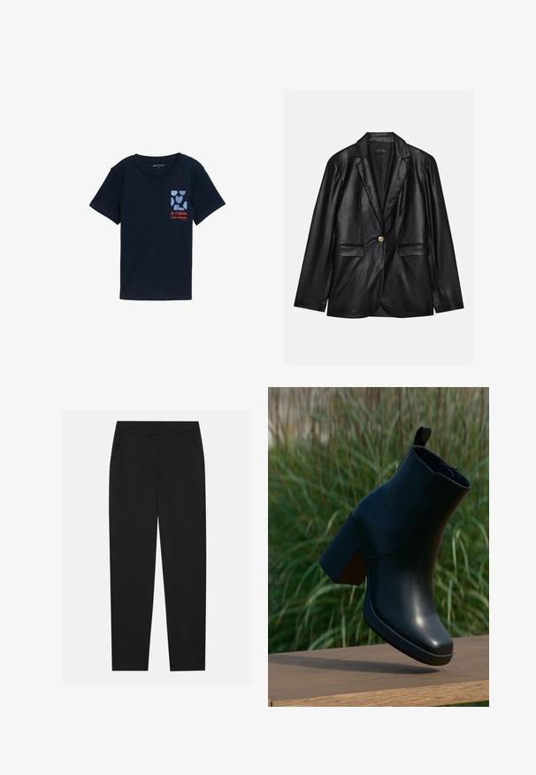 Sort læderblazer med klapkrave, enkelt guldknaplukning, to forlommer og glat finish. Inderlinningen er mørk.; Marineblå bomulds T-shirt med korte ærmer, prydet med et grafisk tryk af hjerter og teksten "je t'aime pour toujours" i rød.; Sorte bukser med en skræddersyet design, der har sidelommer og lige ben. Lavet af glat, letvægtsstof med en elegant finish.; Sort læderankelstøvle med blokhæl svævende over trægulv, grøn græs sløret i baggrunden.