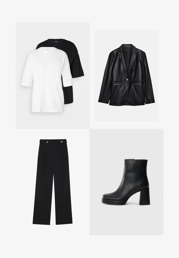 Sort læderblazer med klapkrave, enkelt guldknaplukning, to forlommer og glat finish. Inderlinningen er mørk.; To korteærmede t-shirts, en hvid og en sort, lavet af bomuld. Har en rund halsudskæring og en løs, afslappet pasform med en glat tekstur.; Sorte vide bukser med høj talje, knapdetaljer på taljebåndet og frontfald.; Sort læder ankelstøvle med blokhæl og platformssål, set fra siden på en ensfarvet hvid baggrund.