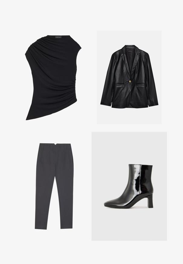 Czarna skórzana marynarka z klapami, pojedynczym zapięciem na złoty guzik, dwoma kieszeniami z przodu i gładkim wykończeniem. Podszewka jest ciemna.; Czarny top bez rękawów z drapowanym wzorem, z teksturowanym marszczeniem po jednej stronie i lekko asymetrycznym dołem. Wykonany z miękkiego materiału.; Ciemnoszare tapered spodnie z bocznymi kieszeniami i plisami z przodu, zaprojektowane z myślą o dopasowanym kroju.; Czarne lakierowane botki za kostkę z wysmukłym noskiem i średniej wysokości obcasem w kształcie słupka. Gładka tekstura i minimalistyczny design.