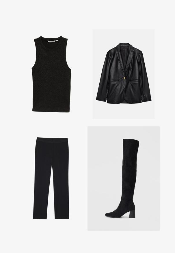 Sort læderblazer med klapkrave, enkelt guldknaplukning, to forlommer og glat finish. Inderlinningen er mørk.; Sort ærmeløs top lavet af et struktureret, glitrende stof. Har en rund halsudskæring og et tætsiddende design uden pynt.; Sorte bukser med lige ben-design, der har sidelommer og en glat tekstur. Minimalistisk detaljering, ren livvidde.; Sorte ruskind støvler i knæhøjde med blokheel, spids tå og glat, sømløs design på en enkel lys baggrund.