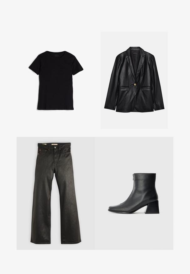 Svart läderblazer med kavajkrage, enkel guldkknapp, två framfickor och slät yta. Inre foder är mörkt.; Svart kortärmad t-shirt gjord av mjuk bomull. Har rund halsringning och en slät, jämn yta utan synliga mönster eller dekorationer.; Svarta denimbyxor med vida ben och en slät textur, med fem fickor och detaljer i bronsfärgade metall. Klassisk knappstängning.; Svart läderankelboot med fyrkantig tå, sidodragkedja och klack mot en enkel ljus bakgrund.