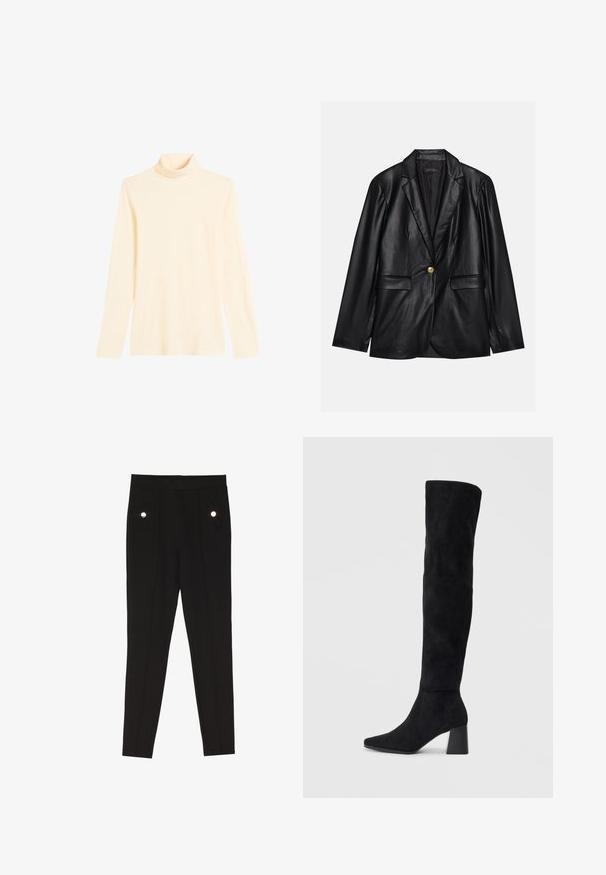 Blazer em couro preto com lapela recortada, fecho de um único botão dourado, dois bolsos frontais e acabamento suave. O forro interior é escuro.; Suéter de gola alta em creme claro, confeccionado em tecido macio, com mangas longas e um silhueta ajustada.; Calças pretas ajustadas com uma textura suave, apresentando dois bolsos laterais com acessórios decorativos em metal e um design slim-fit.; Bota de camurça preta até ao joelho com salto bloco, bico fino e design suave e sem costuras sobre um fundo claro.