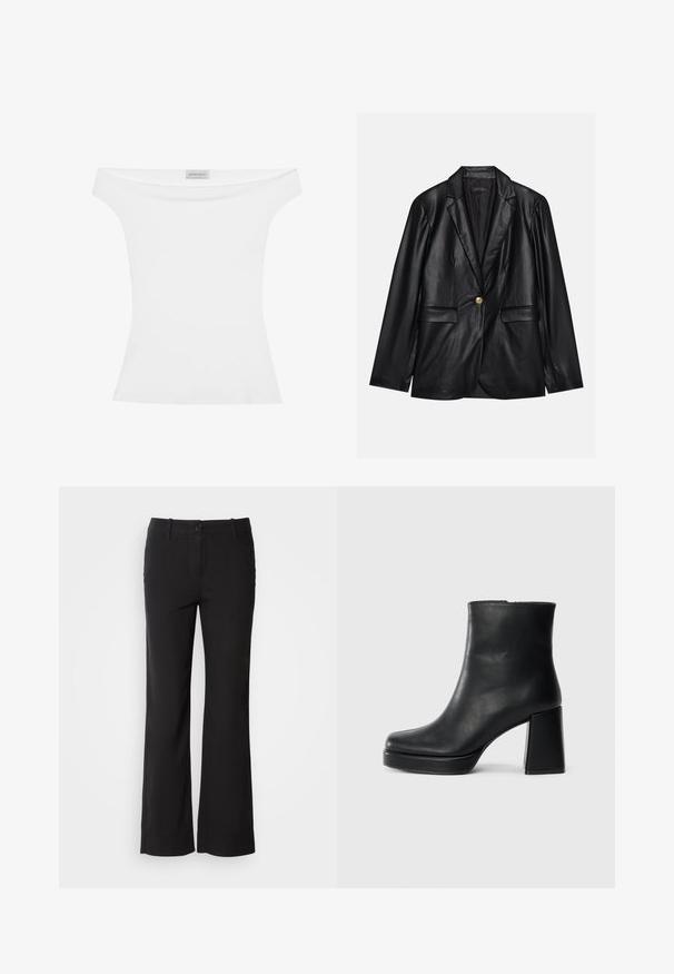 Črni usnjeni blejzer z izrezanim ovratnikom, enojnim zlatim gumbom, dvema sprednjima žepoma in gladko površino. Notranja podloga je temna.; Bela bluzica z odkritimi rameni, izdelana iz gladkega materiala, prilega se silhueti in ima okroglo izrez. Na sredini zgornjega dela je nalepka z napisom "ANNA FIELD."; Črne hlače iz bombažne mešanice s ravnim krojem, sprednim gumbom in dvema stranskima žepoma. Gladek teksturiran material, brez vidnih vzorcev.; Črne usnjene gležnjarje z blok peto in platformo, prikazane s strani na enobarvni beli podlagi.