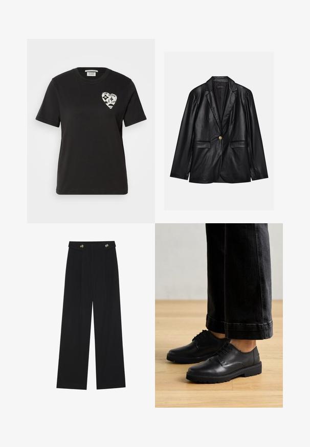 Blazer de cuero negro con solapa muestrada, cierre con un solo botón dorado, dos bolsillos frontales y un acabado suave. El forro interior es oscuro.; Camiseta de algodón negra con cuello redondo, de mangas cortas, que presenta un diseño de corazón blanco con características abstractas y texto en el lado izquierdo del pecho.; Pantalones de pierna ancha negros con cintura alta, detalles de botones en la cinturilla y pliegues en la parte delantera.; Zapatos negros de piel con cordones, textura lisa, puntera redondeada y suela de goma gruesa, combinados con vaqueros oscuros cortos.