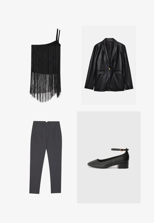 Melnas ādas žakete ar ieliektām atlokām, vienu zelta pogu aizdari, divām priekšējām kabatām un gludu apdari. Iekšējā odere ir tumša.; Melnbalts fringa tops ar vienu plecu, ar pinotu siksnu un teksturētu audumu. Iezīmējas ar garu, slāņotu fringu detaļām ap apakšu, kas nodrošina kustību.; Tumši pelēki iešūti bikses ar sānu kabatām un priekšējiem piegriezumiem, kas izstrādātas pieguļošai piegriezuma formai.; Melnas ādas sūkņi ar smailu purngalu un zemu bloku papēdi. Iezīmēts ar potītes siksniņu ar zelta krāsas sprādzi. Gluda tekstūra.