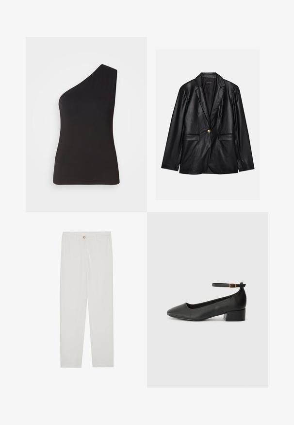 Črni usnjeni blejzer z izrezanim ovratnikom, enojnim zlatim gumbom, dvema sprednjima žepoma in gladko površino. Notranja podloga je temna.; Črna majica enega ramena, izdelana iz mehkega in raztegljivega materiala; prilegajoč dizajn z elegantno silhueto in gladko teksturo. Brez opaznih okrasnih elementov.; Bela, krojena hlače z ravnimi nogami, ki vključujejo gumbasto zapiranje, zanke za pas in stranske žepe; gladka tekstura tkanine.; Črne usnjene pumpice z nazobčanimi prsti in nizko blokasto peto. Imajo trak okoli gležnja z zaponko v zlatem tonu. Gladka tekstura.