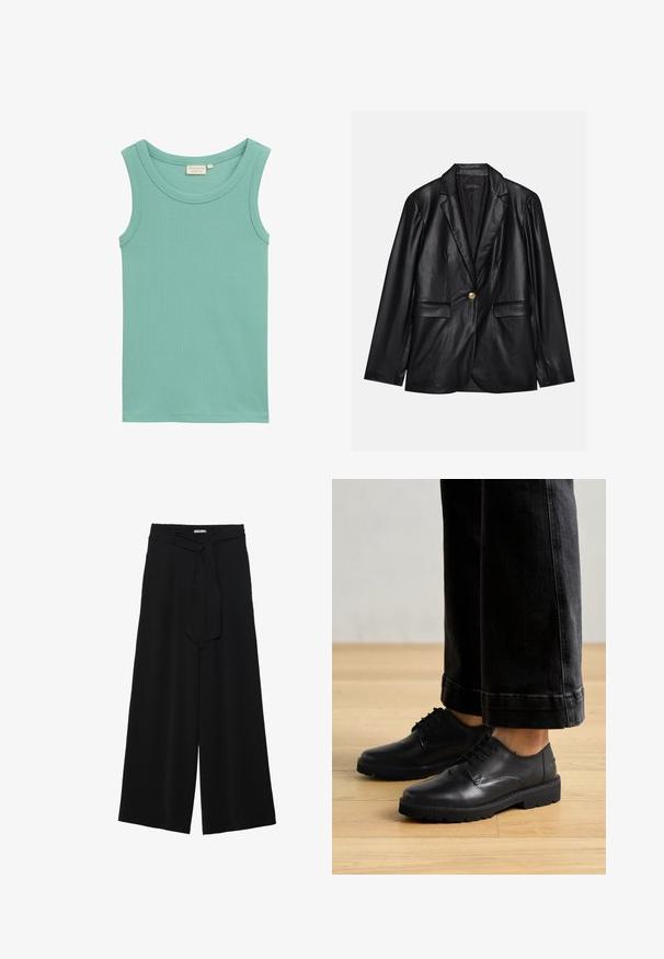 Juodas odinis švarkas su notch lapel, vienu auksiniu mygtuku užsegimu, dviem priekinėmis kišenėmis ir lygiu paviršiumi. Vidinėje pamušalo dalyje yra tamsi spalva.; Šviesiai mėlyna tankų viršūnė, pagaminta iš raštuoto medvilnės, su apvaliu iškirpimu ir be rankovių, be jokių puošmenų.; Juoda plačių kojų kelnės, pagamintos iš tekstūruoto audinio, su elastingu juosmeniu ir atsegamu diržu juosmenyje, leidžiančiu reguliuoti dydį.; Juodos odinės bateliai su šnūriais, lygiu paviršiumi, suapvalintu priekiniu galu ir storu guminiais padu, derinami su trumpais tamsiais džinsais.