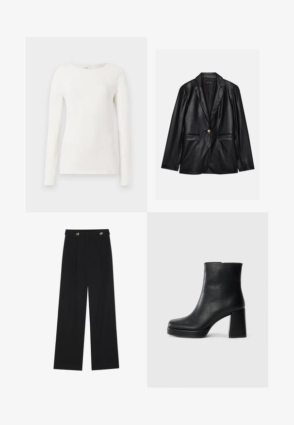 Black leather blazer with a notched lapel, single gold button closure, two front pockets, and smooth finish. Inner lining is dark.; Long-sleeve white cotton shirt with a round neckline, smooth texture, and fitted silhouette. No visible patterns or accents.; Black wide-leg trousers with high waist, button details on waistband, and front pleats.; Black leather ankle boot with a block heel and platform sole, viewed from the side on a plain white background.