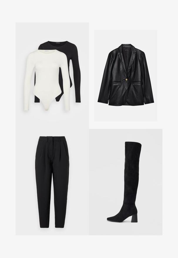 Zwarte leren blazer met een opstaande revers, sluiting met één gouden knoop, twee voorzakken en een gladde afwerking. Binnenvoering is donker.; Twee lange mouw bodysuits in wit en zwart. Gemaakt van soepele stof, met ronde halslijnen en een stringonderkant voor een gestroomlijnde pasvorm.; Zwarte pantalon met een rechte pasvorm, voorzien van plooien aan de voorkant, een gladde structuur en zijzakken. De tailleband heeft een standaardhoogte.; Zwarte suède kniehoge laars met blokhak, spitse neus en een glad, naadloos ontwerp op een effen lichte achtergrond.