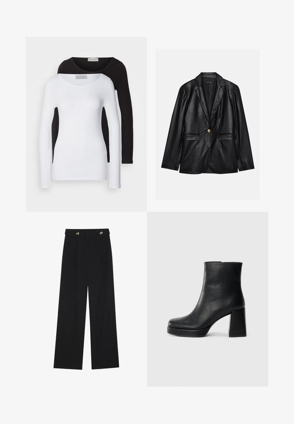 Black leather blazer with a notched lapel, single gold button closure, two front pockets, and smooth finish. Inner lining is dark.; Long-sleeve shirts in white and black cotton, featuring round necklines and a fitted design. Tag visible at the neck.; Black wide-leg trousers with high waist, button details on waistband, and front pleats.; Black leather ankle boot with a block heel and platform sole, viewed from the side on a plain white background.