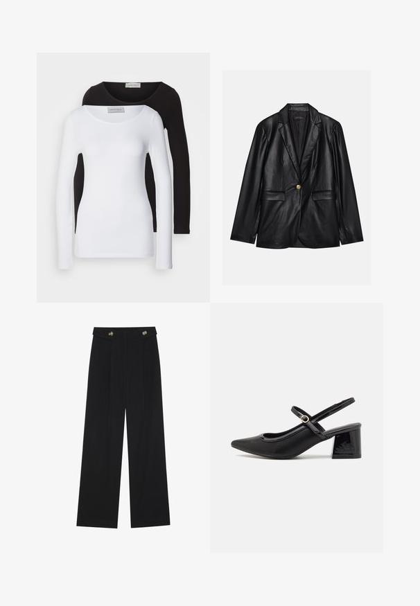 Melnas ādas žakete ar ieliektām atlokām, vienu zelta pogu aizdari, divām priekšējām kabatām un gludu apdari. Iekšējā odere ir tumša.; Garie garās piedurknes baltas un melnas kokvilnas krekli, ar apaļām kakla izgriezumiem un pieguļošu dizainu. Etiķete redzama kakla rajonā.; Melnas platās bikses ar augstu jostasvietu, pogu detaļām uz jostas un priekšējām krokām.; Melns patentēts ādas sandales ar norādīta pirksta formu, noapaļotu izgriezuma dizainu un bloķētu papēdi. Iezīmēta ar zelta toņa sprādzi.