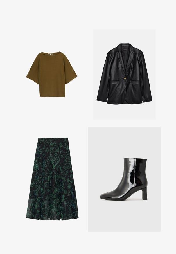 Fekete bőr blézer, kihajtott gallérral, egyetlen arany gombbal záródik, két elülső zsebbel rendelkezik, és sima felülettel bír. Belső bélése sötét színű.; Barna, rövid ujjú felső, laza fazonnal, texturált anyagból. Széles nyakkivágással és dobozos dizájnnal rendelkezik.; Fekete szoknya zöld virágmintával, fodros szélekkel és redőkkel. Könnyű anyagból készült, amely áramló sziluettet biztosít.; Fekete lakk bőrcipő bokáig érő, hegyes orral és közepes magasságú tömbsarokkal. Simább textúrával és minimalista dizájnnal rendelkezik.