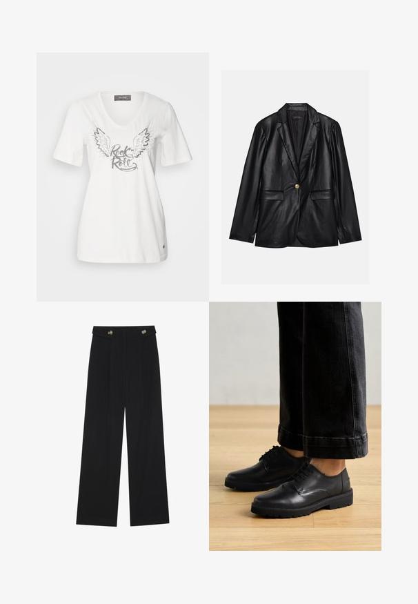 Mustapitsin takki, jossa on viiksikäänteet, yksittäinen kultaknoppi, kaksi etutaskua ja sileä pinta. Sisävuori on tumman värinen.; V-kauluksen valkoinen puuvillapaita, jossa on hopeiset siivet ja metallinhohtoinen "Rock & Roll" -teksti. Lyhyet hihat ja rento malli.; Mustat leveälahkeiset housut, joissa on korkea vyötärö, napit vyötärönauhassa ja etupuolella laskokset.; Musta nahkakengät, joissa on nauhakiinnitys, sileä pinta, pyöreä kärki ja paksu kumipohja, yhdistettynä lyhennettyihin tummiin farkkuihin.