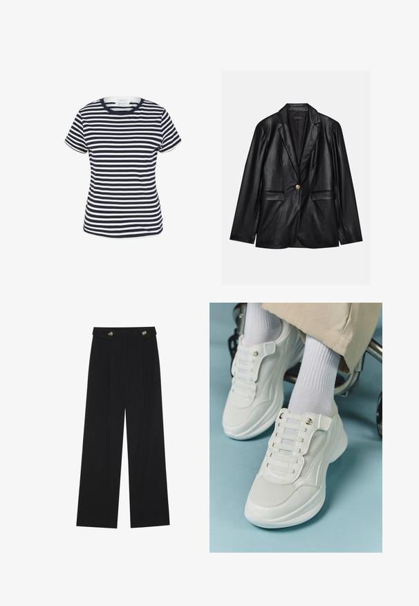 Černý kožený blazer s klopami, jedním zlatým zapínáním, dvěma předními kapsami a hladkým povrchem. Vnitřní podšívka je tmavá.; Námořnická modrá a bílá pruhovaná tričko vyrobené z organické bavlny, s kulatým výstřihem a krátkými rukávy, s rovnými lemy na spodní straně.; Černé široké kalhoty s vysokým pasem, detailní knoflíky na pase a přední záhyby.; Bílé tenisky s materiálem z mešové tkaniny, gumovou podrážkou, bezšňůrovým designem s elastickými pásky a zlatými akcenty.