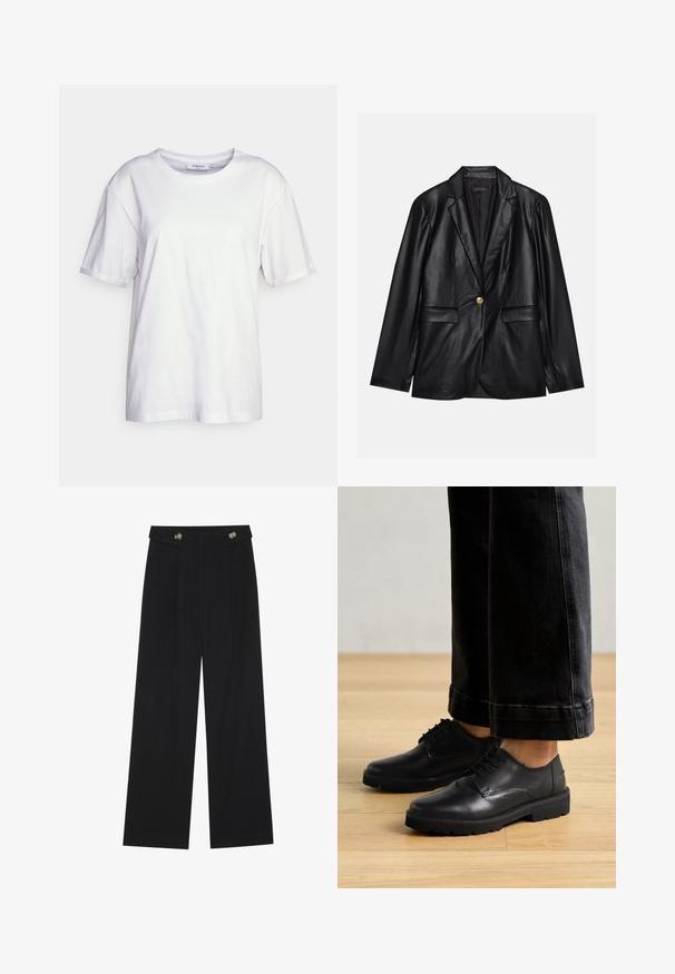 Melnas ādas žakete ar ieliektām atlokām, vienu zelta pogu aizdari, divām priekšējām kabatām un gludu apdari. Iekšējā odere ir tumša.; Baltas kokvilnas t-krekls ar klasisku apaļu kakla izgriezumu, īsām piedurknēm, brīvu piegriezumu un taisnu apakšmalu. Nav nekādu rakstu vai papildu detaļu.; Melnas platās bikses ar augstu jostasvietu, pogu detaļām uz jostas un priekšējām krokām.; Melnas ādas šņorējamās kurpes ar gludu virsmu, noapaļota purngala un biezas gumijas zole, apvienotas ar īsām tumšām džinsām.