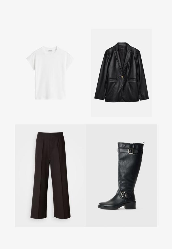 Sacou din piele neagră cu rever ascuțit, închidere cu un singur nasture auriu, două buzunare frontale și finisaj neted. Captuseala interioară este de culoare închisă.; Tricou alb cu mânecă scurtă, din bumbac. Are o croială relaxată, cu decolteu rotund și cusături ale umerilor ușor căzute. Fără modele sau accente.; Pantaloni negri cu laturi largi, cu o față plată, pliseuri și o textură de țesătură fină. Prezintă un talie înaltă și o croială ajustată pentru un fit structurat.; Cizme lungi din piele neagră cu toc jos, catarame decorative lângă gleznă și la vârf, și un maner la spate.