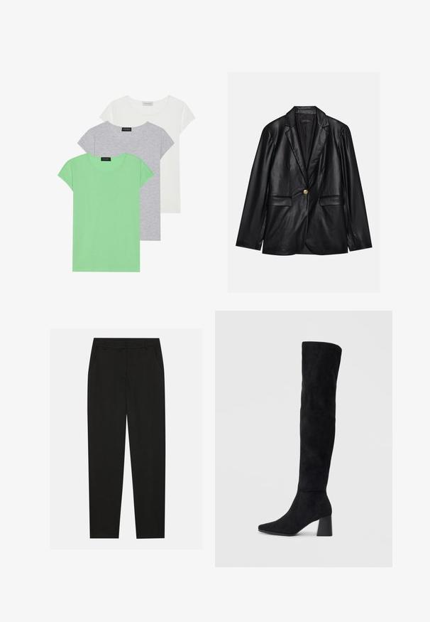 Sacou din piele neagră cu rever ascuțit, închidere cu un singur nasture auriu, două buzunare frontale și finisaj neted. Captuseala interioară este de culoare închisă.; Trei tricouri cu mânecă scurtă: unul verde, unul gri și unul alb. Material din bumbac, cu guler rotund și o textură subtilă.; Pantaloni negri cu un design croit, dotati cu buzunare laterale si un croi drept. Fabricati dintr-un material neted, usor, cu un finisaj elegant.; Cizme negre din suede, cu toc bloc, vârf ascuțit și un design neted, fără cusături, pe un fundal deschis.
