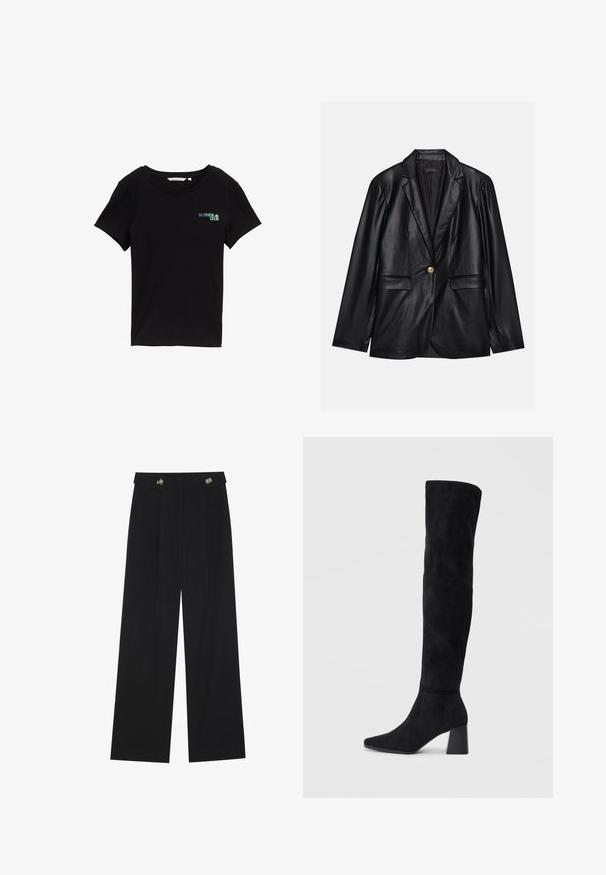 Sacou din piele neagră cu rever ascuțit, închidere cu un singur nasture auriu, două buzunare frontale și finisaj neted. Captuseala interioară este de culoare închisă.; Tricou scurt cu mânecă neagră, din bumbac moale. Are un design cu textul "SUMMER CLUB" în albastru deschis și verde în zona stângă a pieptului.; Pantaloni negri cu picioare largi, talie înaltă, detalii cu butoane pe talie și pliseuri în față.; Cizme negre din suede, cu toc bloc, vârf ascuțit și un design neted, fără cusături, pe un fundal deschis.